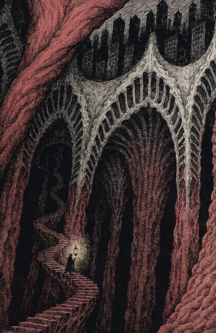 Gravura de uma escada em espiral descendo por dentro de uma rocha viva, vermelha, com trilhos lá no fundo