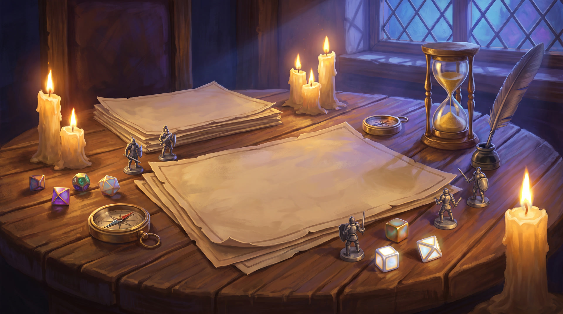 A mesa do mestre com mapas, dados e ferramentas à luz de vela