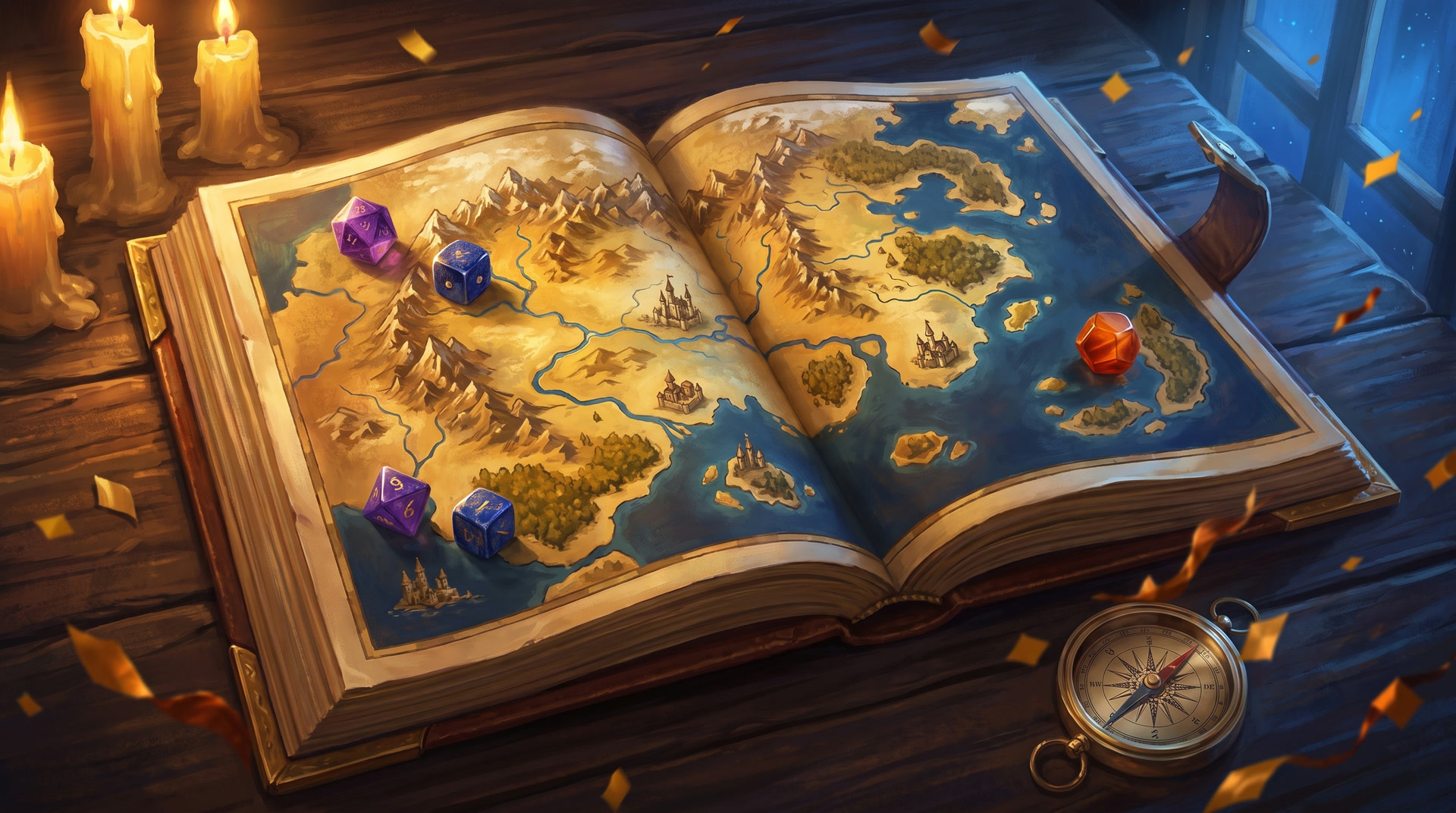 Um atlas antigo aberto com mapa de fantasia e dados como marcadores