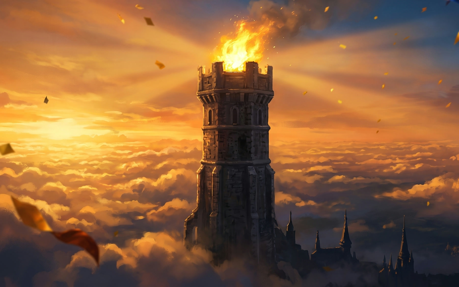 Uma torre de farol dourada varrendo o céu do reino