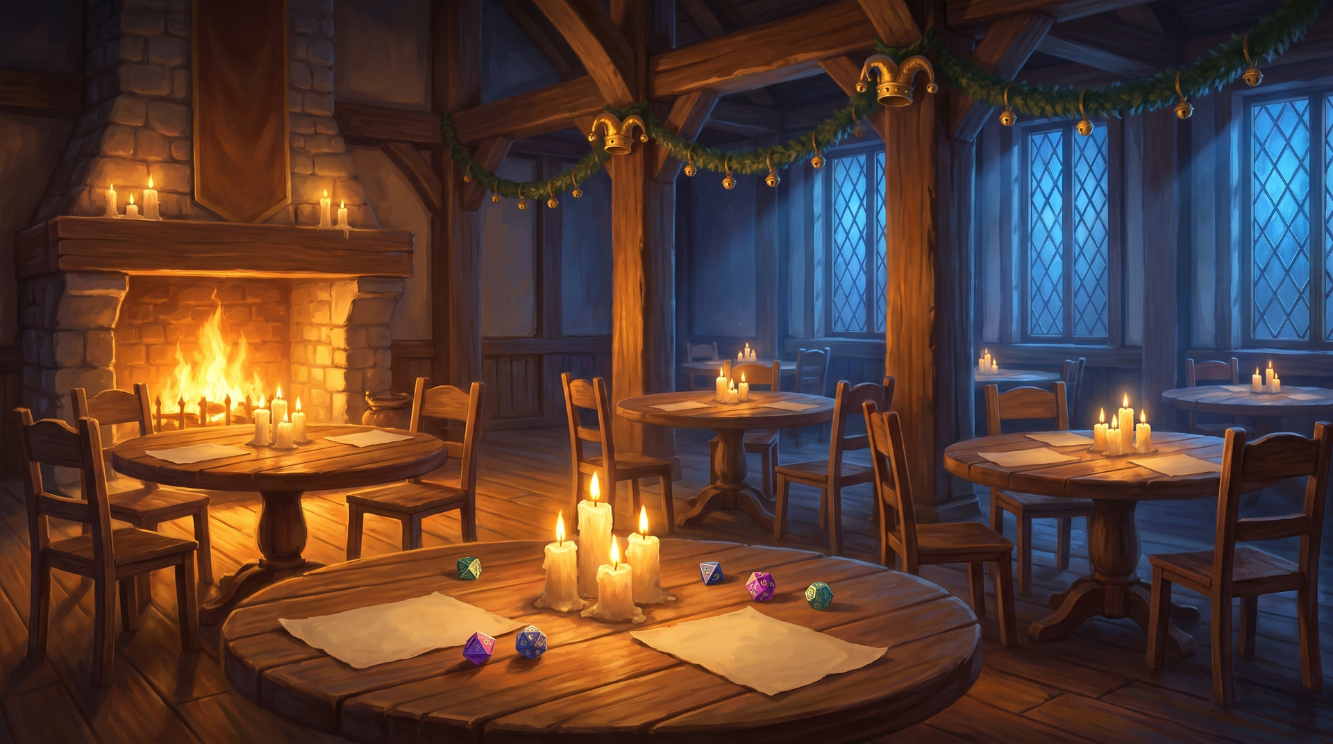 Um salão de taverna com mesas redondas iluminadas esperando jogadores