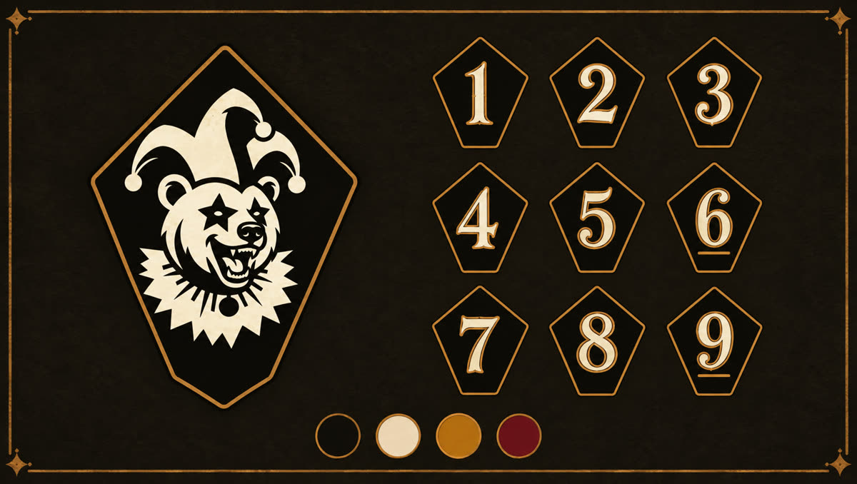 Folha com as dez faces do d10: o urso-bufão grande e os números de 1 a 9, com a paleta de cores