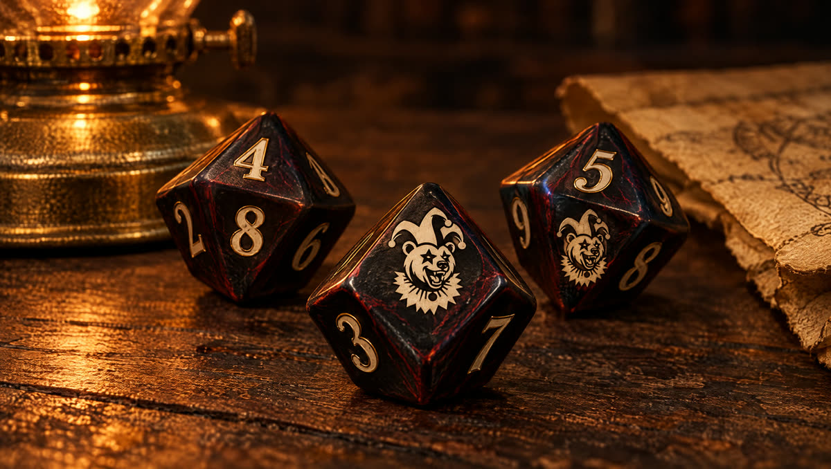 Três d10 pretos com números cor de pergaminho e o urso-bufão, sobre uma mesa à luz de lampião