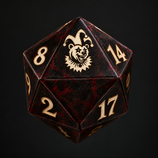 d20 preto com o urso-bufão