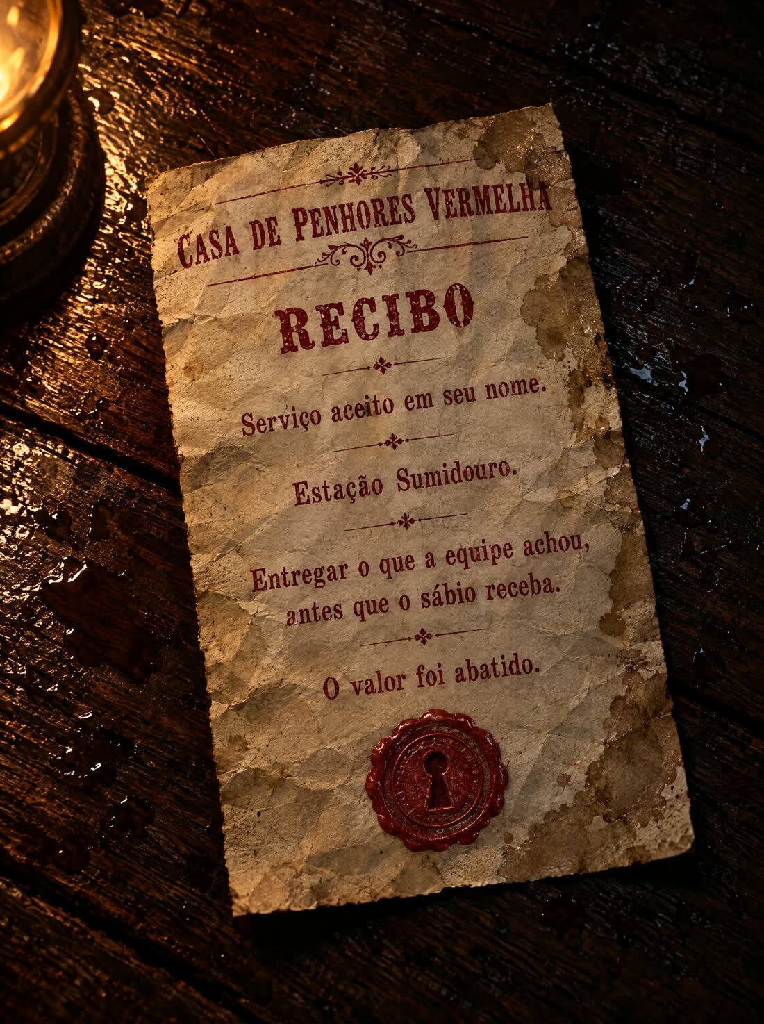 Um recibo amassado da Casa de Penhores Vermelha sobre madeira molhada