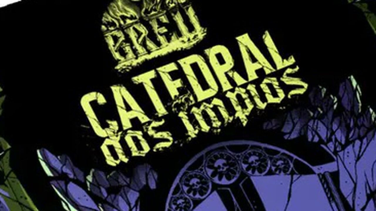 Capa de BREU: Catedral dos Ímpios — o título em verde-limão sobre preto, com a roseácea da catedral e galhos roxos ao redor