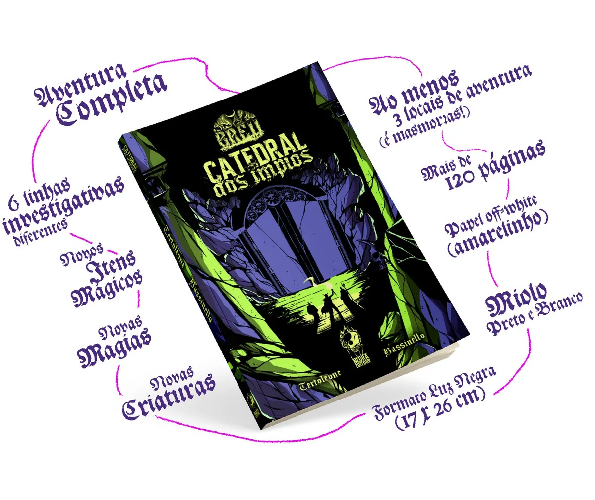 Mockup do livro Catedral dos Ímpios cercado de anotações: aventura completa, 6 linhas investigativas, novas magias, mais de 120 páginas, formato 17 por 26 cm