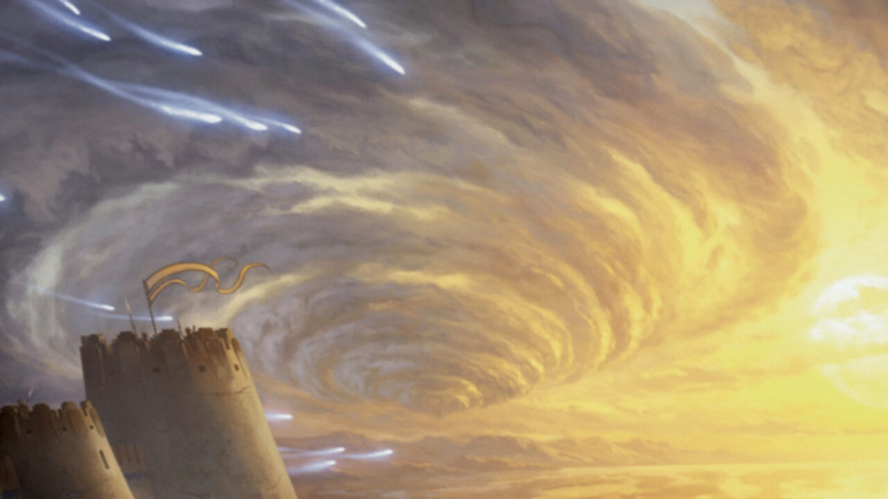Uma torre de pedra com estandarte diante de uma tempestade imensa em espiral dourada, cortada por riscos de luz azul