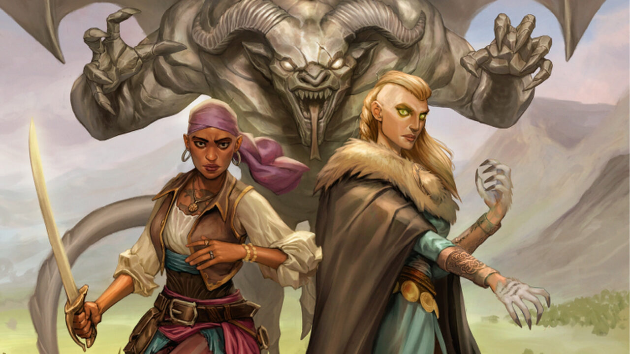 A gárgula de pedra sobre os dois protagonistas de A Lenda de Ghanor, arte da capa de Só Aventuras
