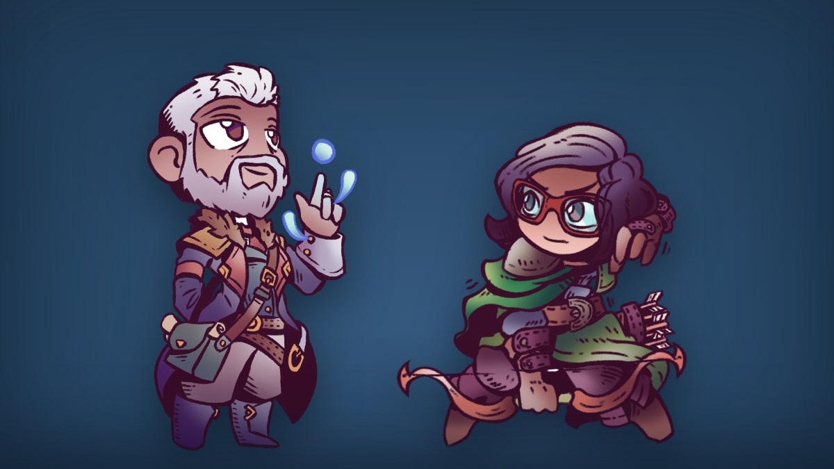 Dois personagens em arte chibi da campanha RPG em Família, um mago idoso e uma arqueira, sobre o azul da casa