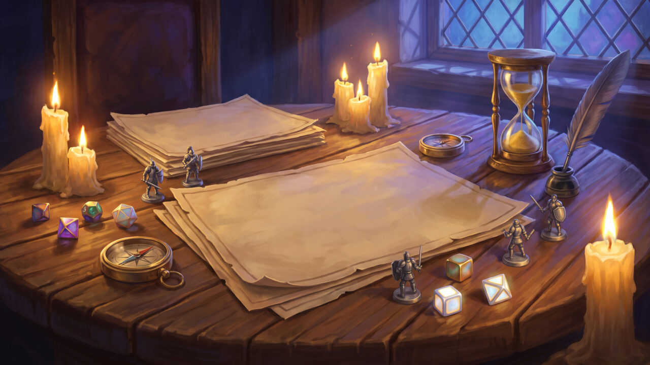 A mesa do mestre à luz de velas: pergaminhos em branco, dados coloridos, miniaturas de aventureiros, bússola, ampulheta e tinteiro com pena