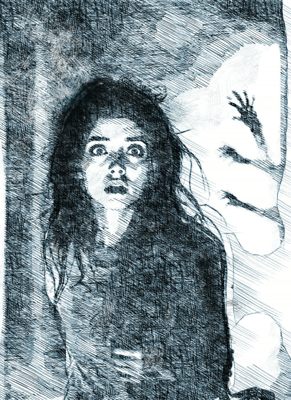 Ilustração a traço: uma mulher aterrorizada e, atrás dela, uma silhueta com a mão espalmada