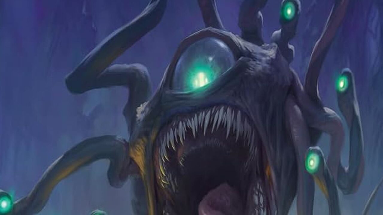 Detalhe da capa do Livro dos Monstros de D&D: um observador de olho único e tentáculos, com a boca escancarada