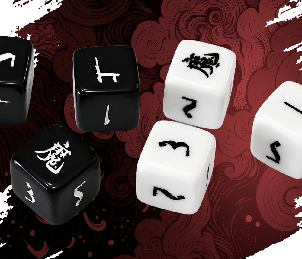 Os três dados de seis lados personalizados de Demon Ninja, em preto e branco, com numerais japoneses