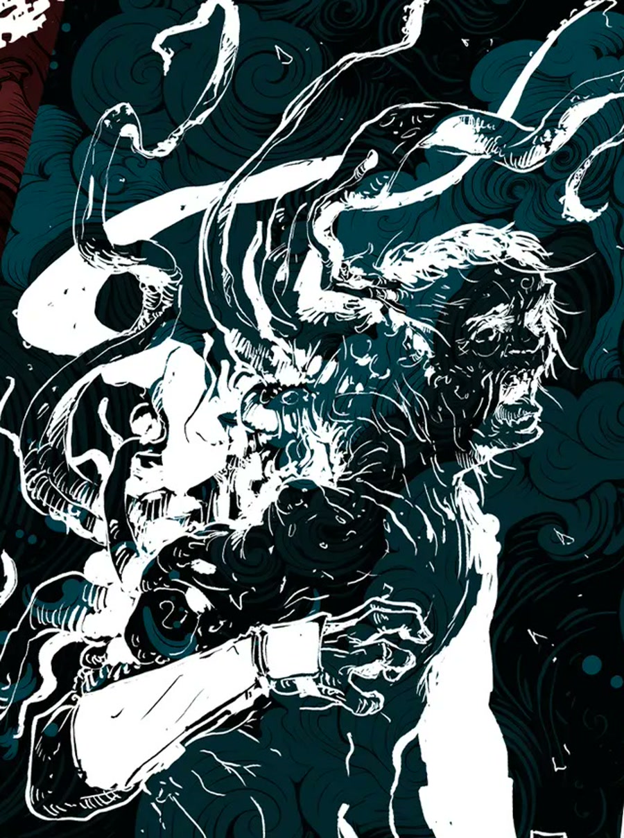 Ilustração de um oni de Demon Ninja, criatura de tentáculos em preto e branco
