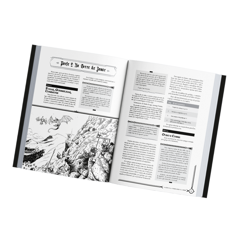 Página dupla de A Gárgula, o Feiticeiro e o Bebê, do livro Só Aventuras
