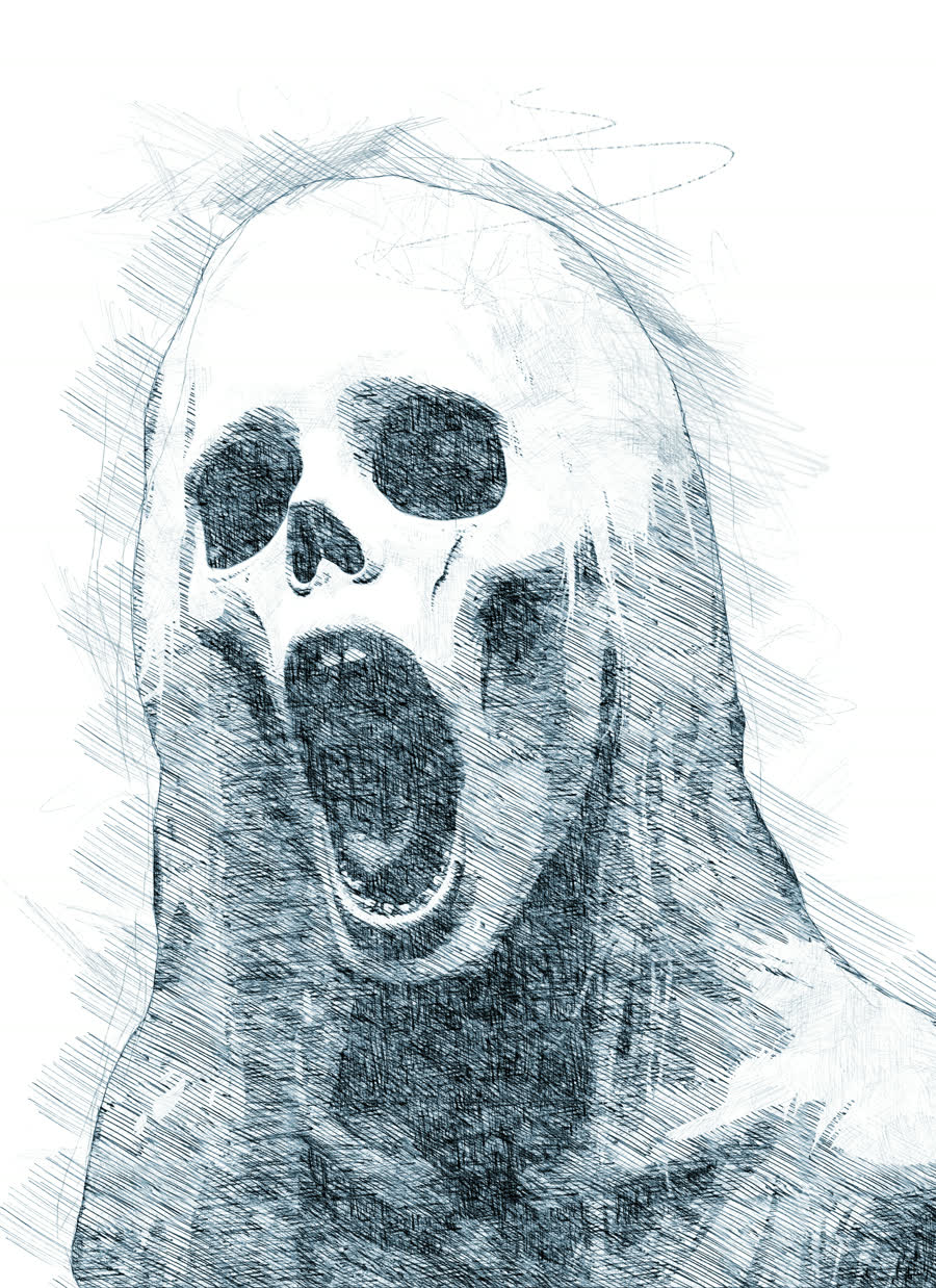 Um crânio encapuzado gritando, em ilustração a traço