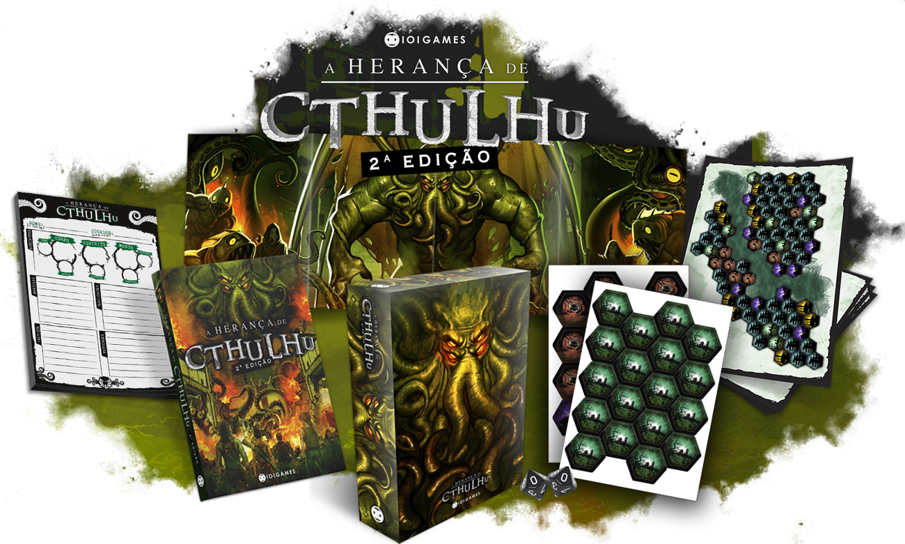 O material de A Herança de Cthulhu 2ª edição: livro básico, caixa, fichas de personagem, tokens hexagonais e dados