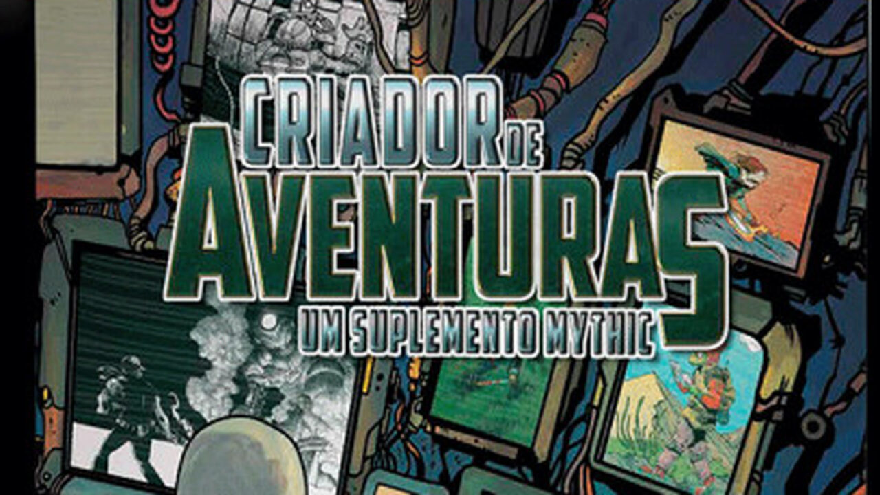 Capa de Mythic: Criador de Aventuras — o título sobre uma parede de monitores antigos mostrando cenas de aventura