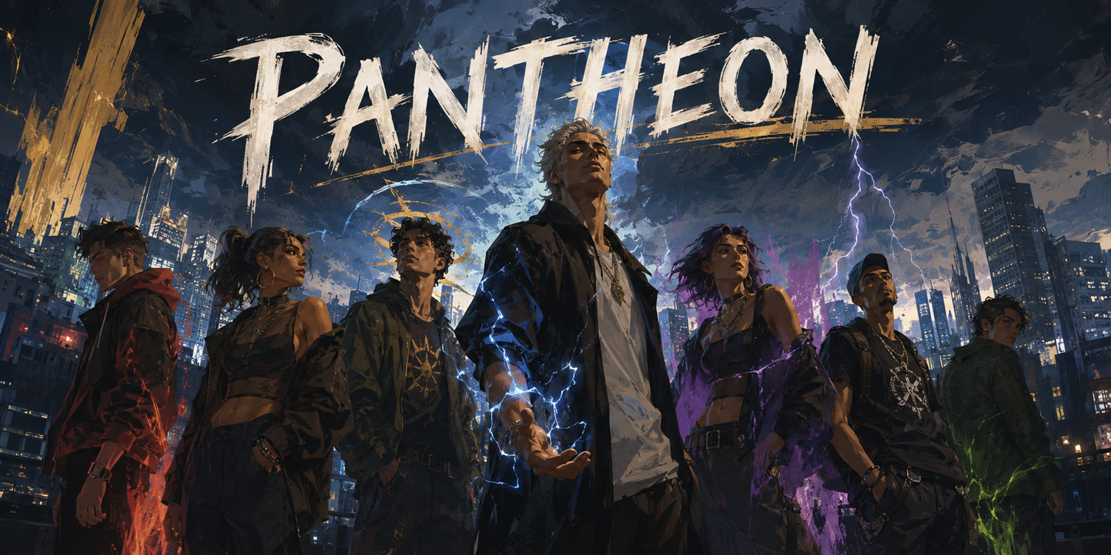 Arte de Pantheon: The Blood of Gods — oito semideuses de pé diante de uma cidade moderna sob tempestade, com raios azuis e roxos nas mãos
