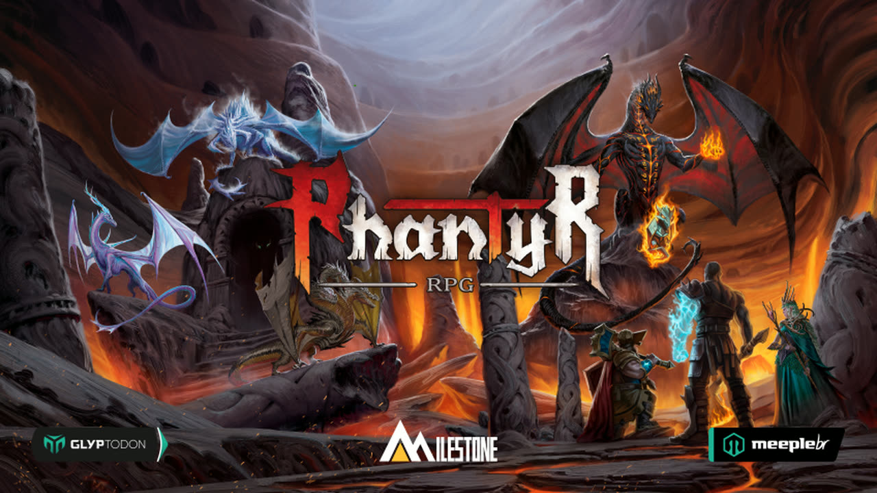 Arte oficial de Phantyr RPG: dragões, um portal em ruínas e quatro aventureiros diante da lava