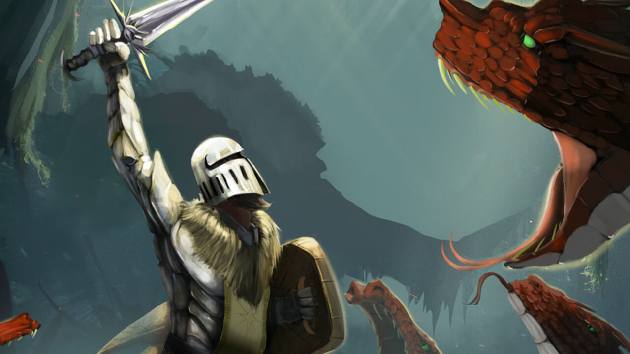 Arte de Arcana Primária: um cavaleiro de armadura ergue a espada diante de uma serpente gigante de escamas vermelhas, na penumbra esverdeada de uma caverna