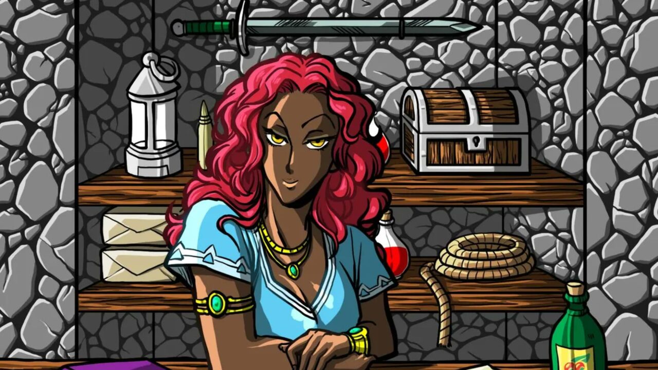 Ilustração de Reinos de Aventura: uma comerciante de cabelo ruivo atrás do balcão, com lampião, baú, corda e poções nas prateleiras