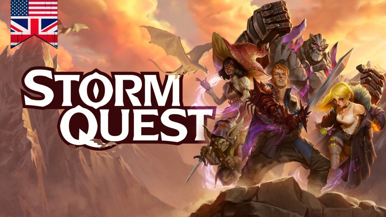 Arte da StormQuest: um grupo de aventureiros de Arton em pose heroica sobre rochas, com dragão e golem ao fundo
