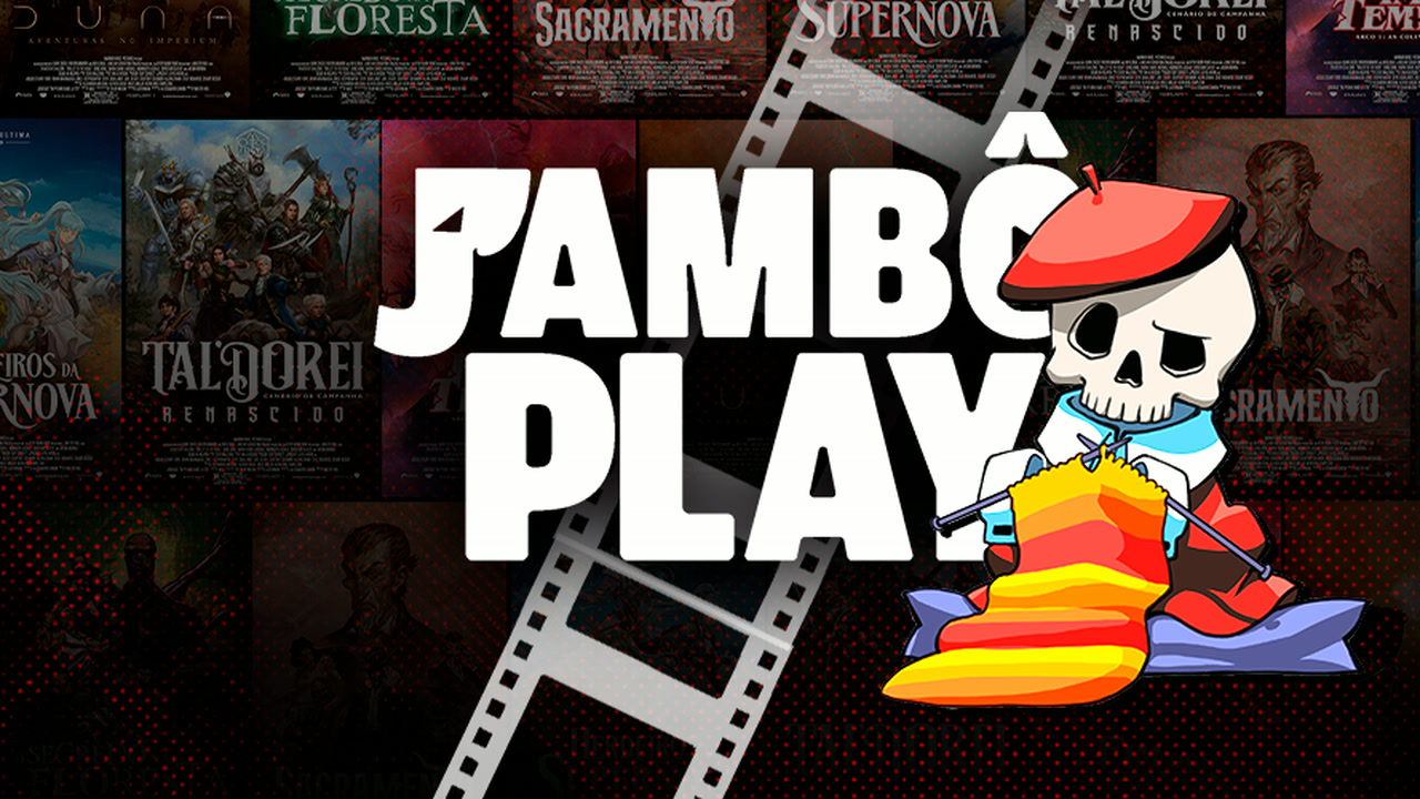 O logo da Jambô Play, com o mascote caveira de boina tricotando, sobre um mural de capas de livros da promoção