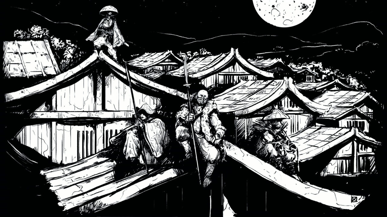 Três ninjas em pé sobre telhados japoneses sob a lua cheia, em xilogravura preto e branco