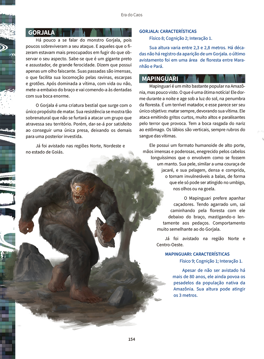 Página do bestiário de Era do Caos com o Gorjala e o Mapinguari