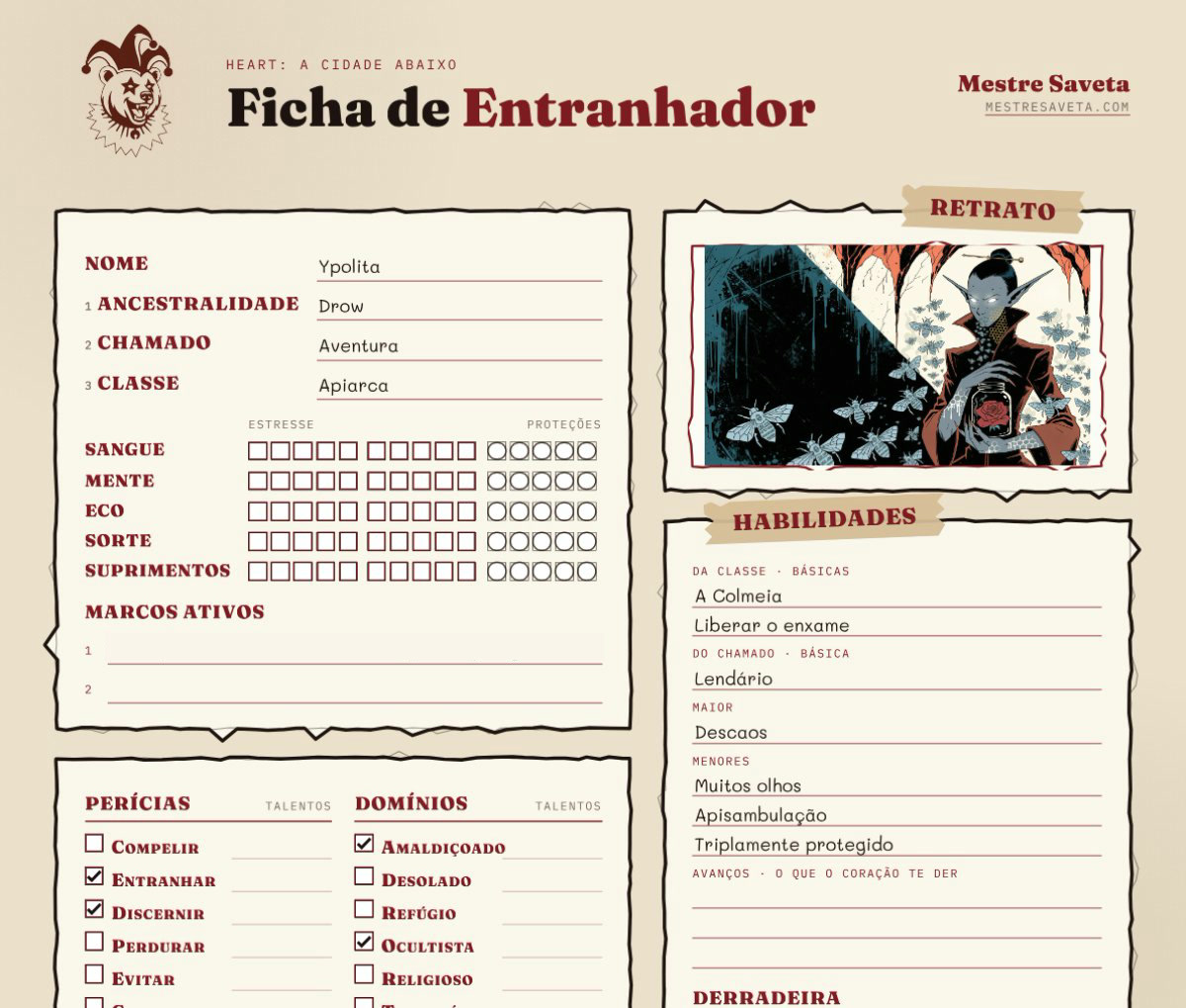 A primeira página da Ficha de Entranhador preenchida com a Ypolita, drow Apiarca, com o retrato dela no alto