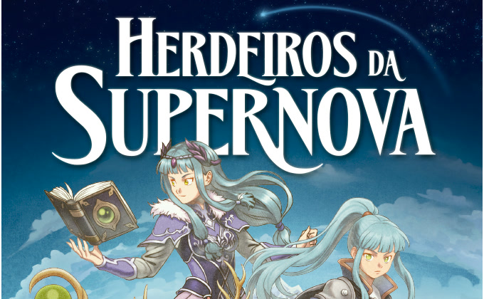 O título Herdeiros da Supernova sobre um céu azul, com duas heroínas de cabelo azul, uma delas segurando um livro aberto