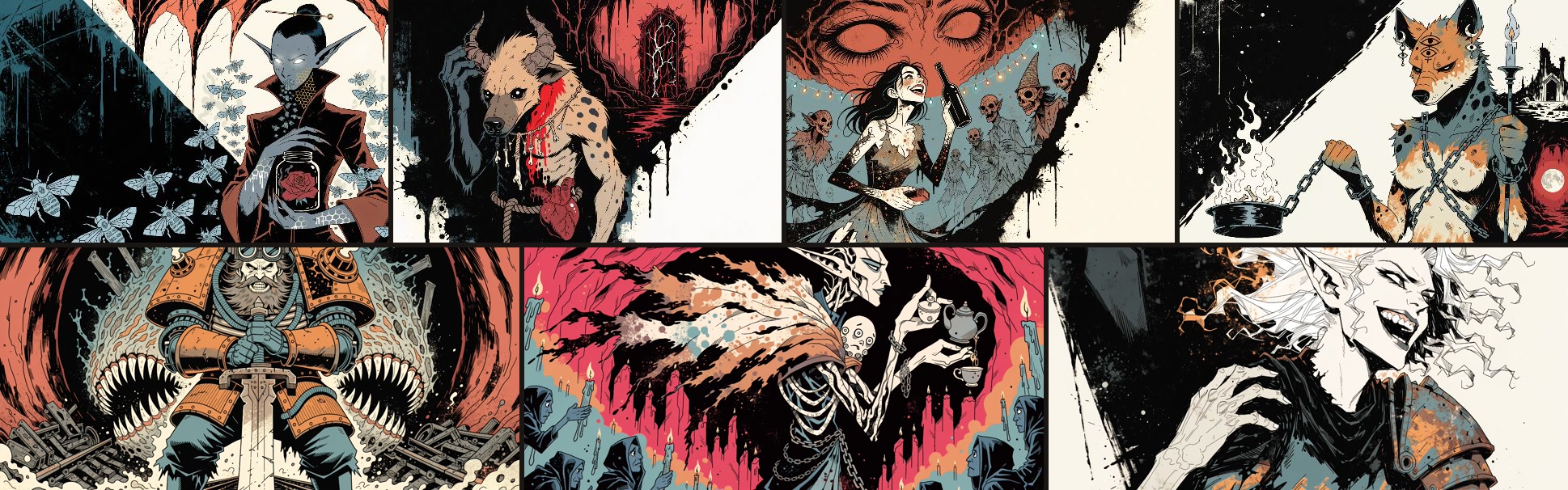Sete retratos em quadrinho de horror: uma drow com abelhas, um gnoll sangrando, uma mulher numa festa de caveiras, uma gnoll acorrentada com uma vela, um cavaleiro de armadura sobre trilhos, uma figura elfir servindo chá e uma elfir rindo